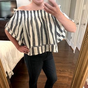 B Haute - distressed blue and white off the shoulder top - S